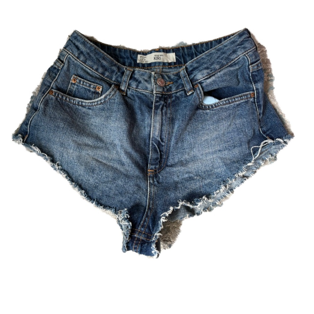 Topshop Blue and White Distressed Jean Shorts